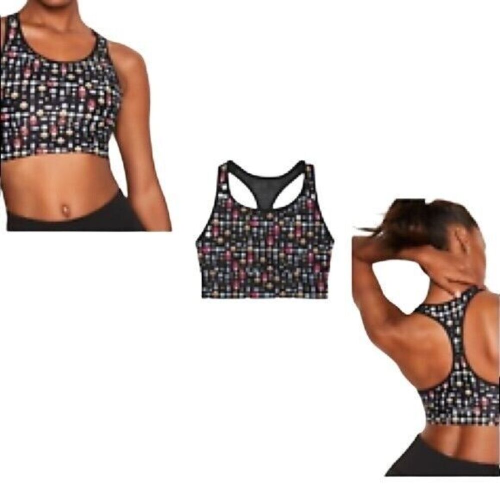 Victoria’s Secret Sport Bra Womens Medium Black Diamond Bling Print Long Line